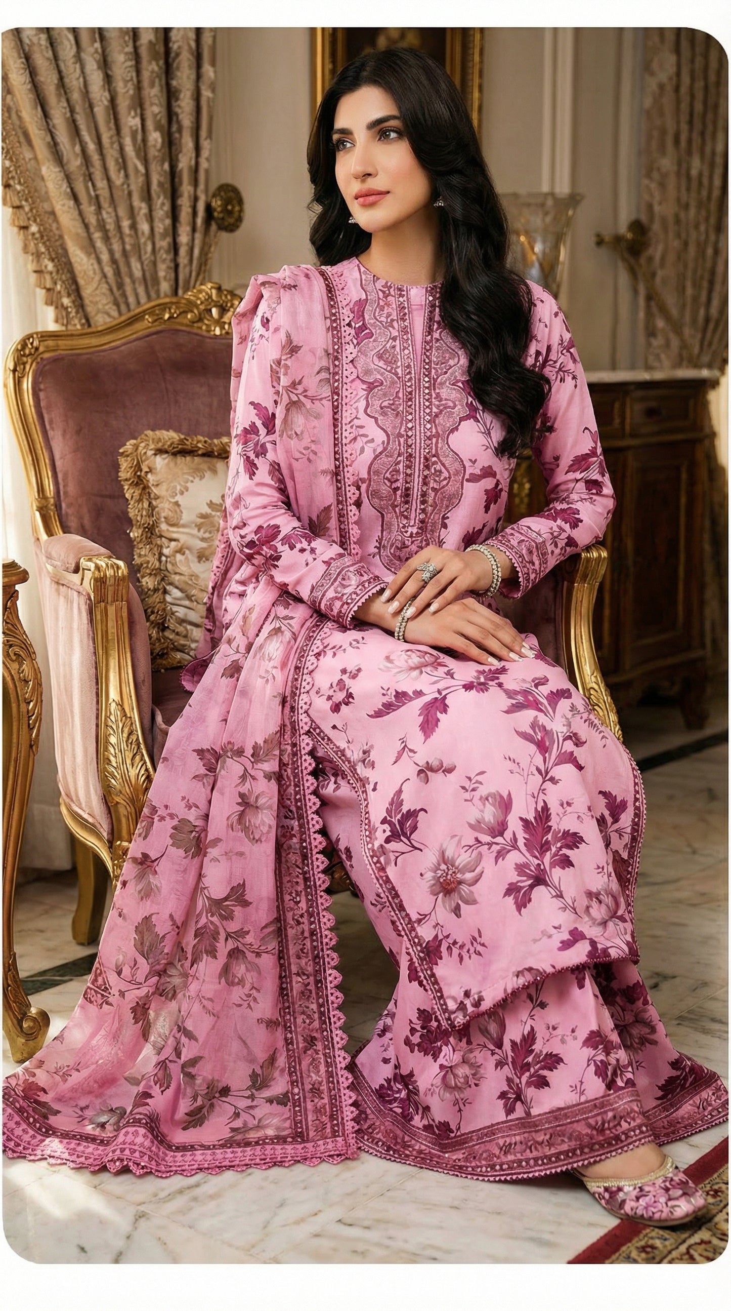 Aneelas SOFT PINK Lawn 9MM WITH Chiffon  DUPATTA |3PEC UNsTICHED