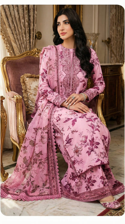 Aneelas SOFT PINK Lawn 9MM WITH Chiffon  DUPATTA |3PEC UNsTICHED