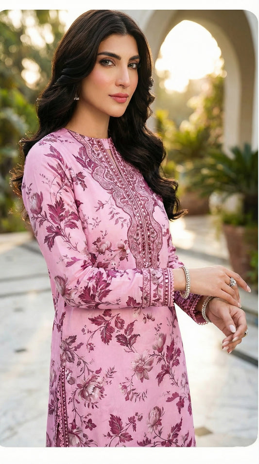 Aneelas SOFT PINK Lawn 9MM WITH Chiffon  DUPATTA |3PEC UNsTICHED