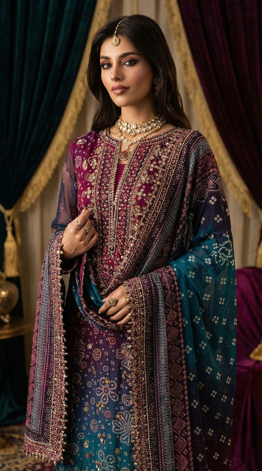 NUREH CHUNRI TIE N DYE WITH CHIFFON  DUPATTA |3PEC UNSTICHED