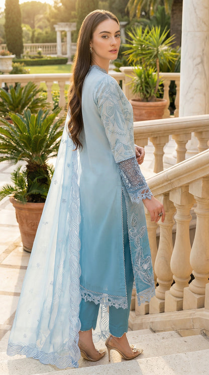 MUSHQ BLUE LAWN WITH ORGENZA  DUPATTA |3PEC UNSTICHED