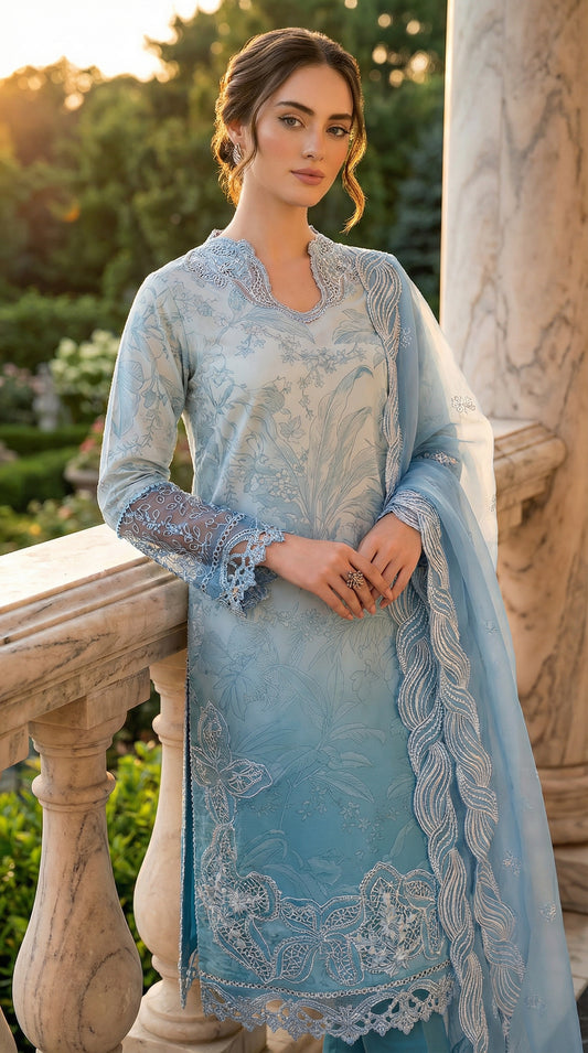 MUSHQ BLUE LAWN WITH ORGENZA  DUPATTA |3PEC UNSTICHED