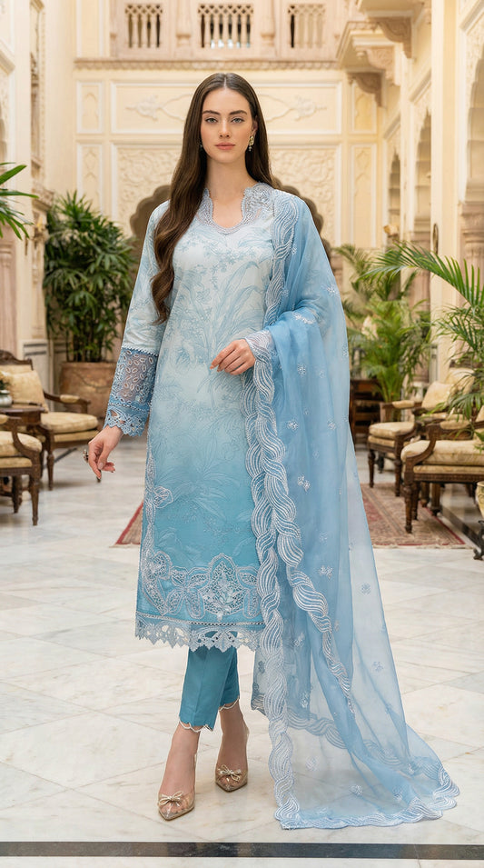 MUSHQ BLUE LAWN WITH ORGENZA  DUPATTA |3PEC UNSTICHED