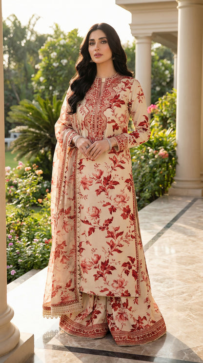 Aneelas Skin Lawn 9MM WITH Chiffon  DUPATTA |3PEC UNSTICHED