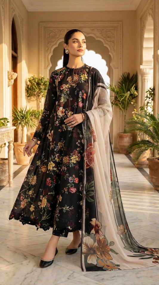 BAROOQ LAWN WITH CHIFFON DUPATTA |3PIECE UNSTICHED