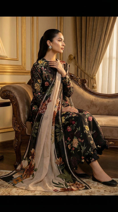 BAROOQ LAWN WITH CHIFFON DUPATTA |3PIECE UNSTICHED