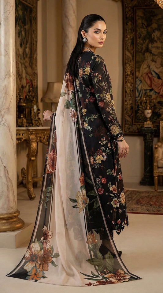 BAROOQ LAWN WITH CHIFFON DUPATTA |3PIECE UNSTICHED