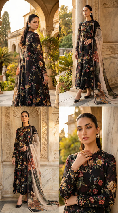 BAROOQ LAWN WITH CHIFFON DUPATTA |3PIECE UNSTICHED