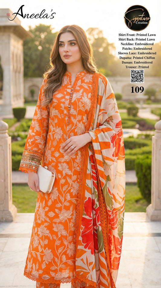 ANEELA LAWN WITH CHIFFON DUPATTA |3PEC UNsTICHED