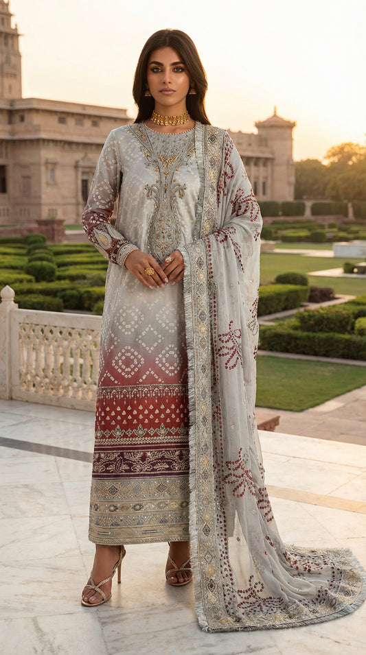 NUREH LAWN WITH CHIFFON DUPATTA |3PIECE UNSTICHED
