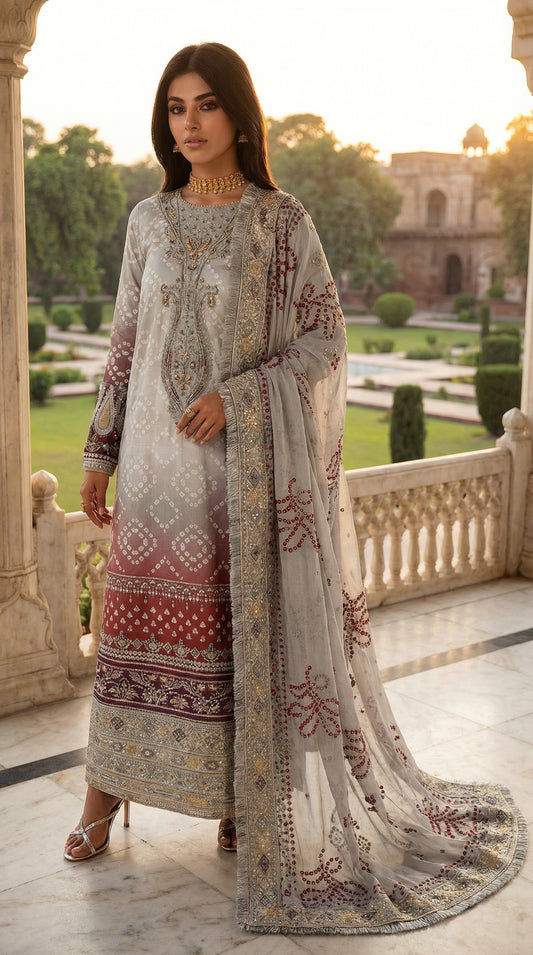 NUREH LAWN WITH CHIFFON DUPATTA |3PIECE UNSTICHED