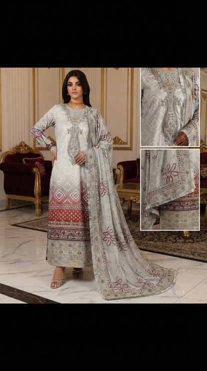 NUREH LAWN WITH CHIFFON DUPATTA |3PIECE UNSTICHED