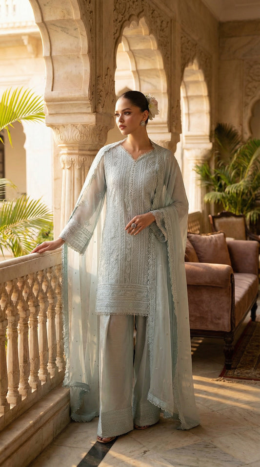 AZURE CHIFFON WITH CHIFFON EMBROIDERD DUPATTA  |3PIECE UNSTICHED