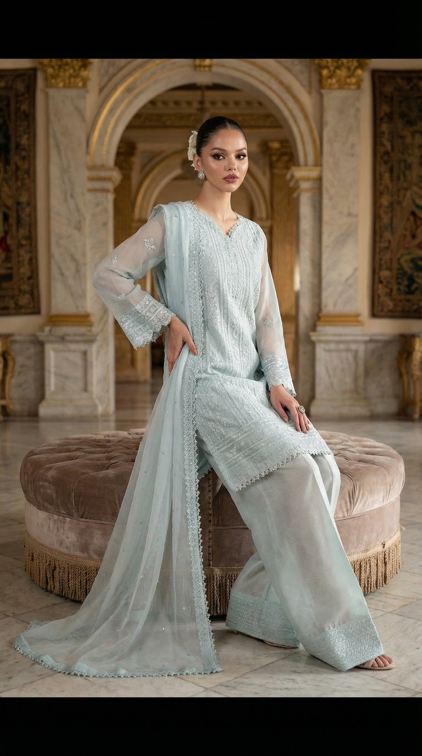 AZURE CHIFFON WITH CHIFFON EMBROIDERD DUPATTA  |3PIECE UNSTICHED