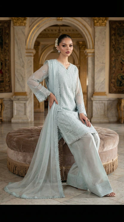 AZURE CHIFFON WITH CHIFFON EMBROIDERD DUPATTA  |3PIECE UNSTICHED