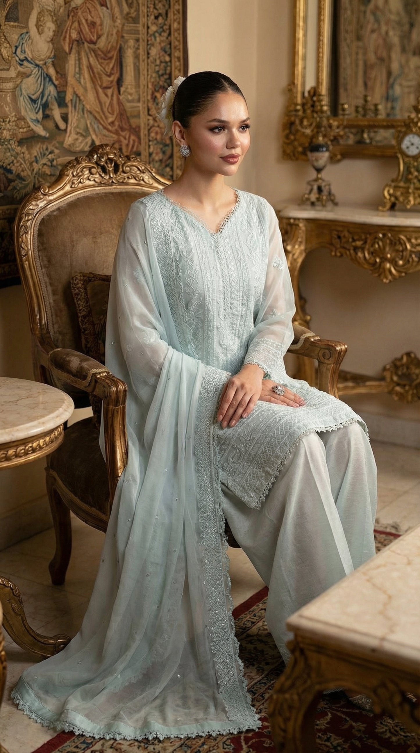 AZURE CHIFFON WITH CHIFFON EMBROIDERD DUPATTA  |3PIECE UNSTICHED