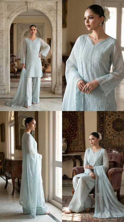 AZURE CHIFFON WITH CHIFFON EMBROIDERD DUPATTA  |3PIECE UNSTICHED