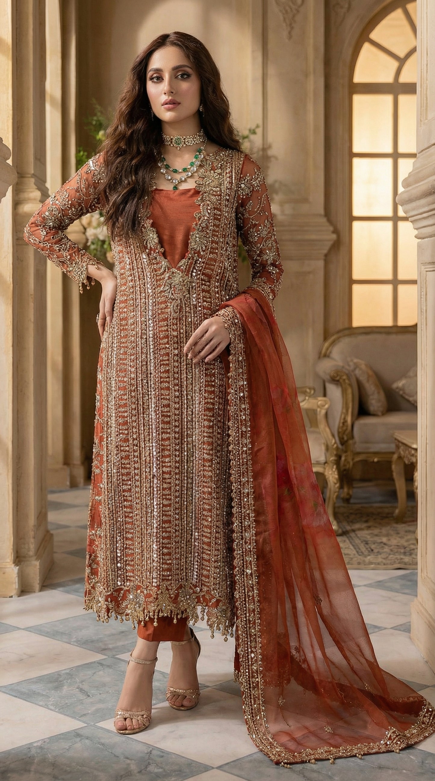 CHARIZMA IMPERIAL ORANGE CHIFFON WITH HEAVY EMBROIDED DUPPTA