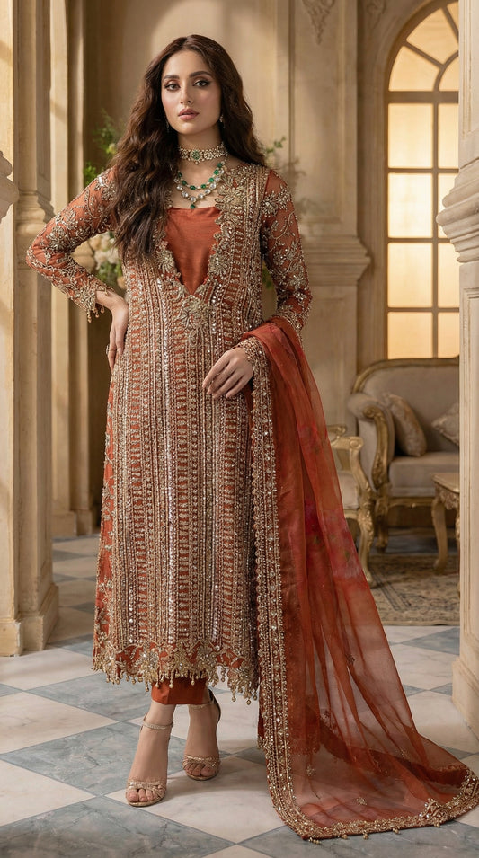 CHARIZMA IMPERIAL ORANGE CHIFFON WITH HEAVY EMBROIDED DUPPTA