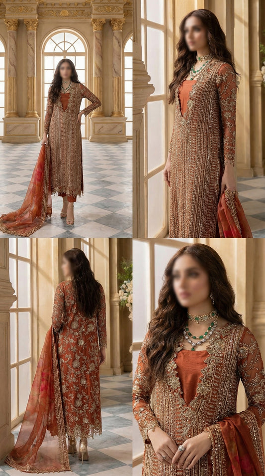 CHARIZMA IMPERIAL ORANGE CHIFFON WITH HEAVY EMBROIDED DUPPTA