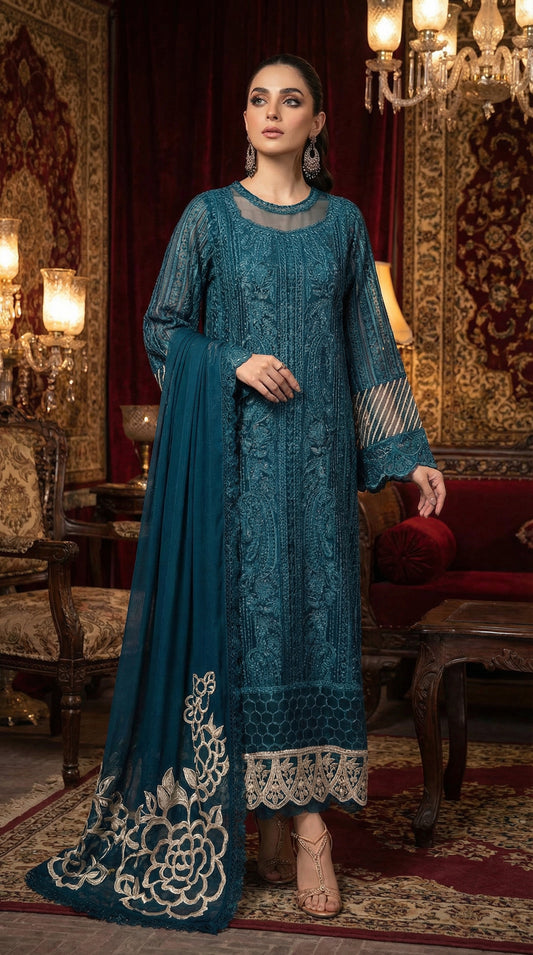 AZURE BLUE DOBLE NECK | 3PIECE UNSTICHED