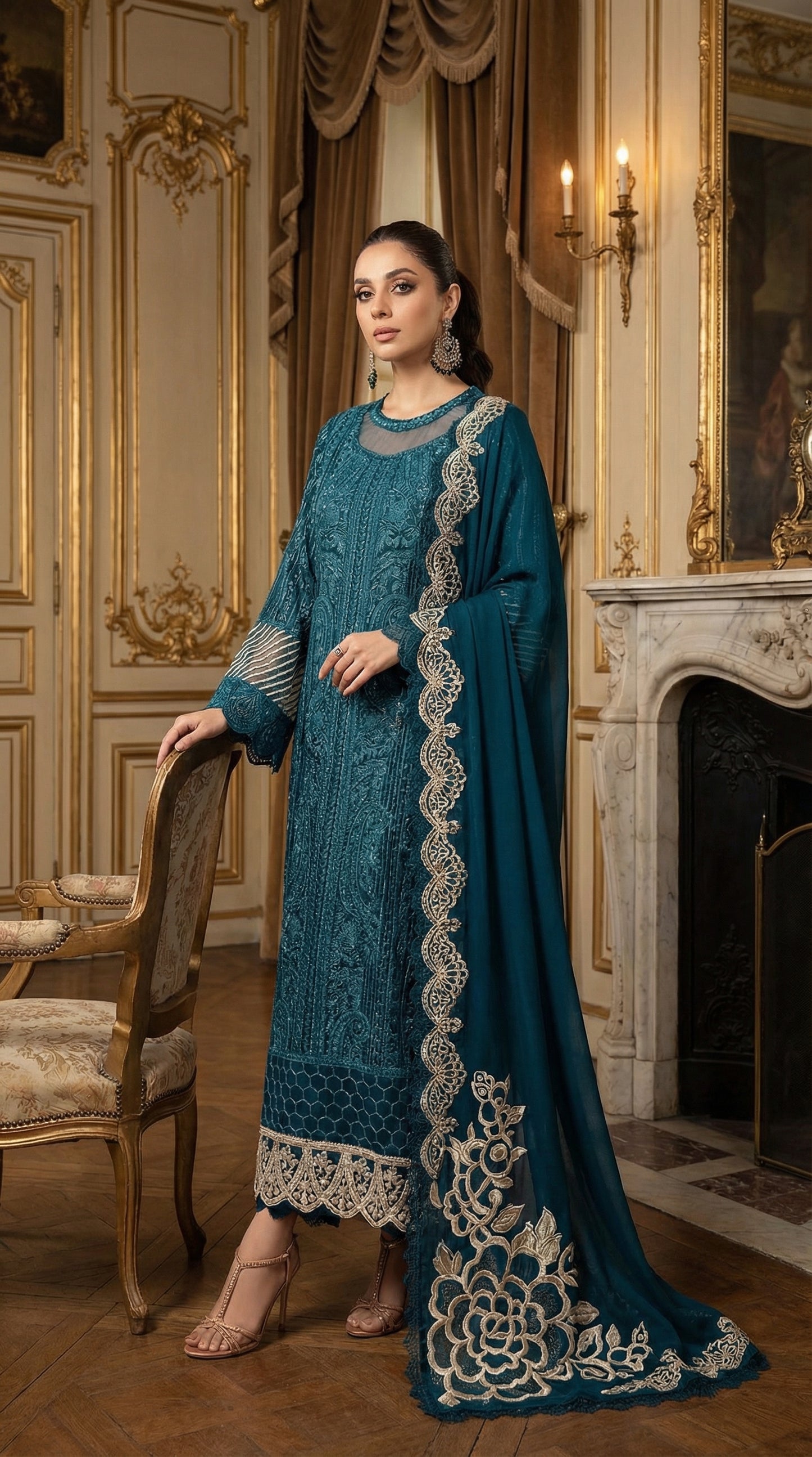 AZURE BLUE DOBLE NECK | 3PIECE UNSTICHED