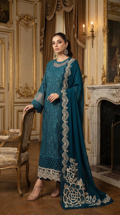 AZURE BLUE DOBLE NECK | 3PIECE UNSTICHED