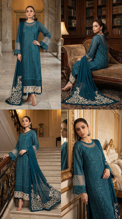 AZURE BLUE DOBLE NECK | 3PIECE UNSTICHED