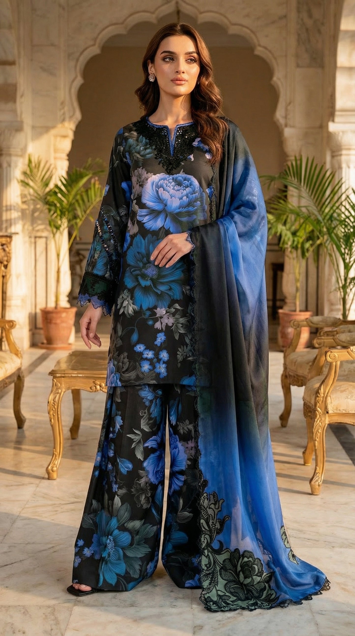 IZNIK BLACK BLUE WITH CHIFFON DUPATTA  |3 PIECE UNSTICHED