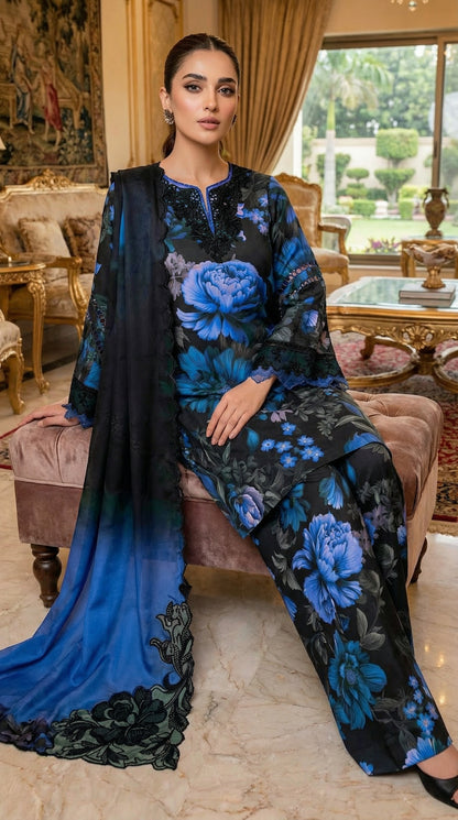 IZNIK BLACK BLUE WITH CHIFFON DUPATTA  |3 PIECE UNSTICHED