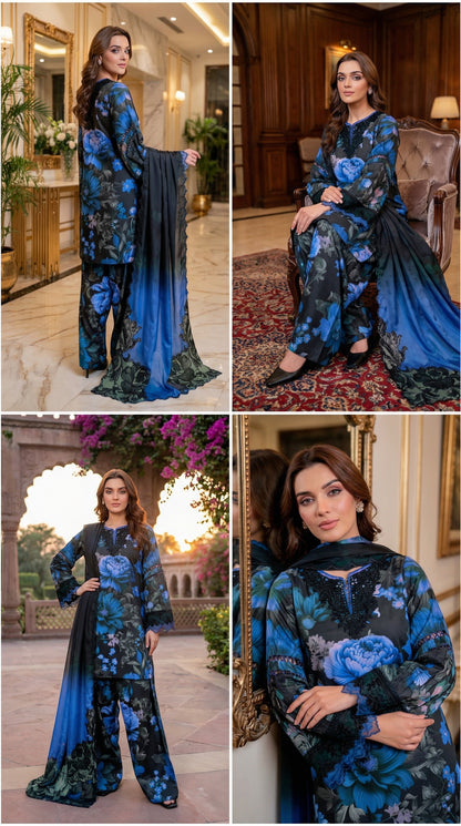 IZNIK BLACK BLUE WITH CHIFFON DUPATTA  |3 PIECE UNSTICHED