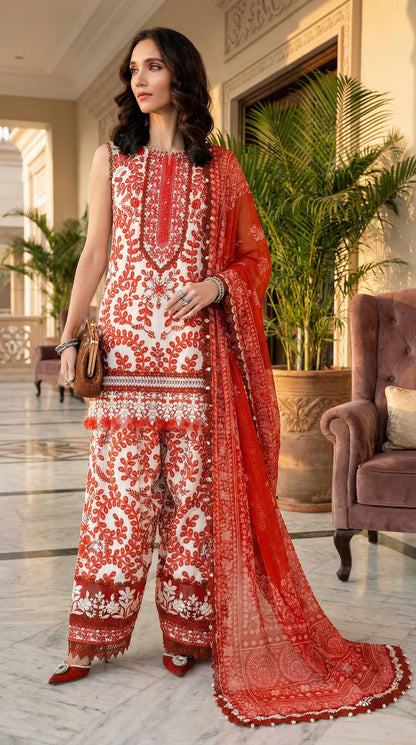 MARIAB RED WHITE WITH CHIFFON DUPATTA  |3 PIECE UNSTICHED