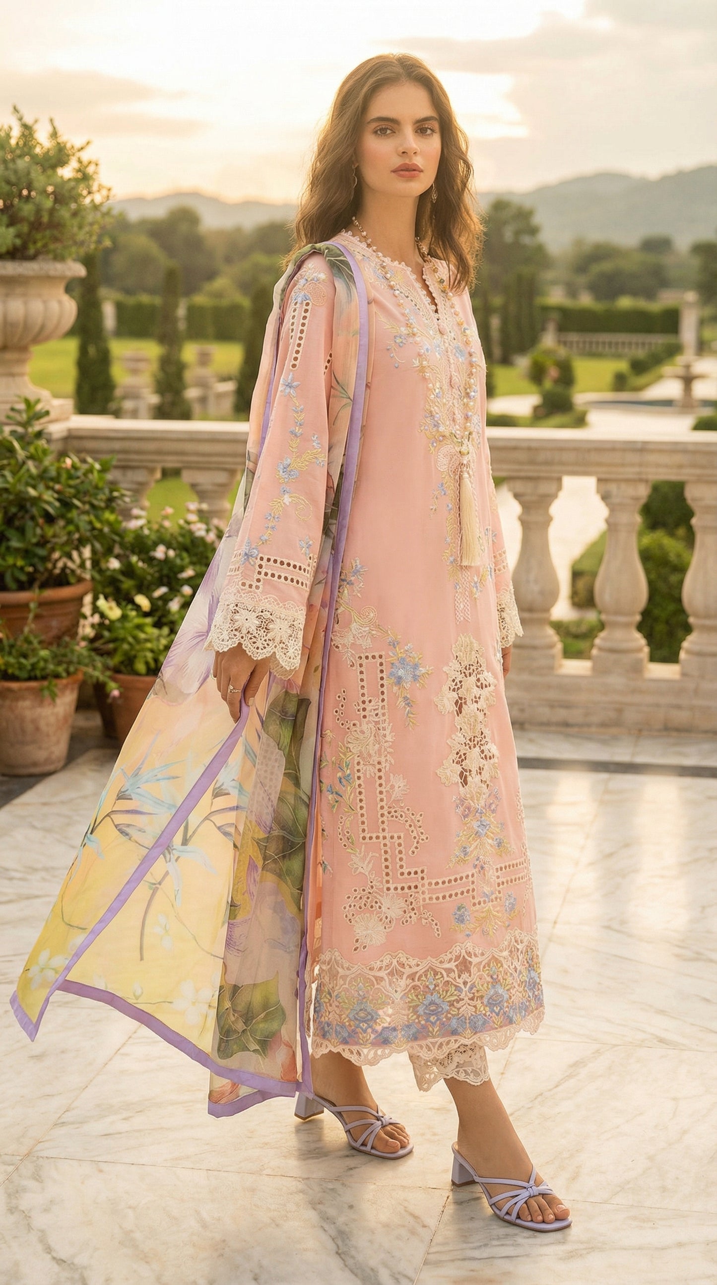 MUSHQ CHIKENKARI WITH DIGITAL PRINTED SILK DUPATTA  |3PIECE UNSTICHED