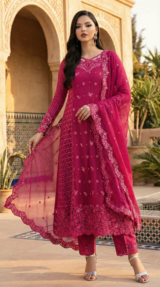 AZURE| FUSCIA PINK PREMIUM CHIFFON  WITH CHIFFON DUPATTA  |3PIECE UNSTICHED