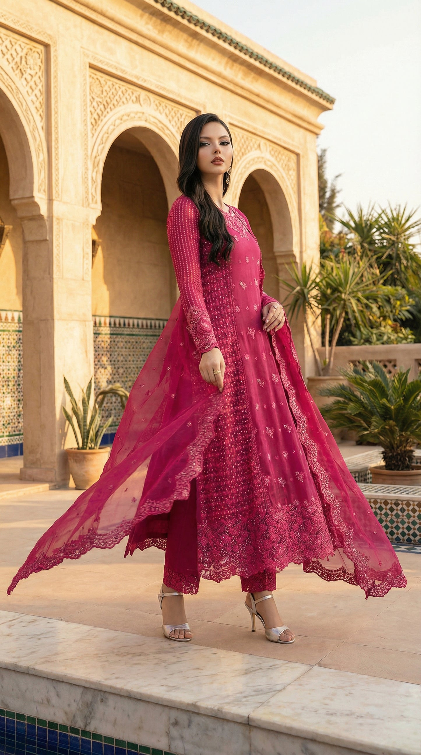 AZURE| FUSCIA PINK PREMIUM CHIFFON  WITH CHIFFON DUPATTA  |3PIECE UNSTICHED