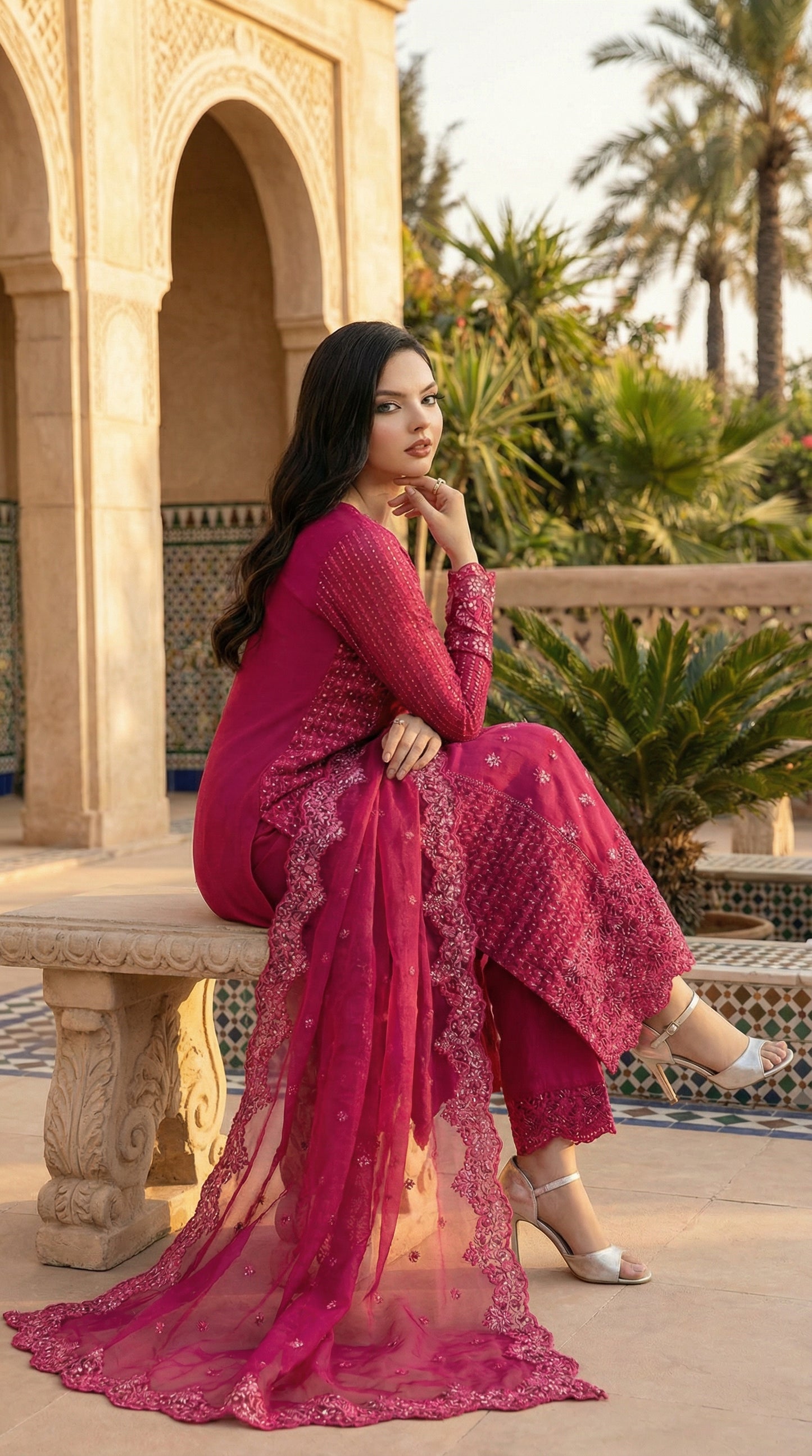 AZURE| FUSCIA PINK PREMIUM CHIFFON  WITH CHIFFON DUPATTA  |3PIECE UNSTICHED