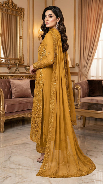 AZURE | MASTARD CHIFFON DRESS PHASE  |3PIECE UNSTICHED