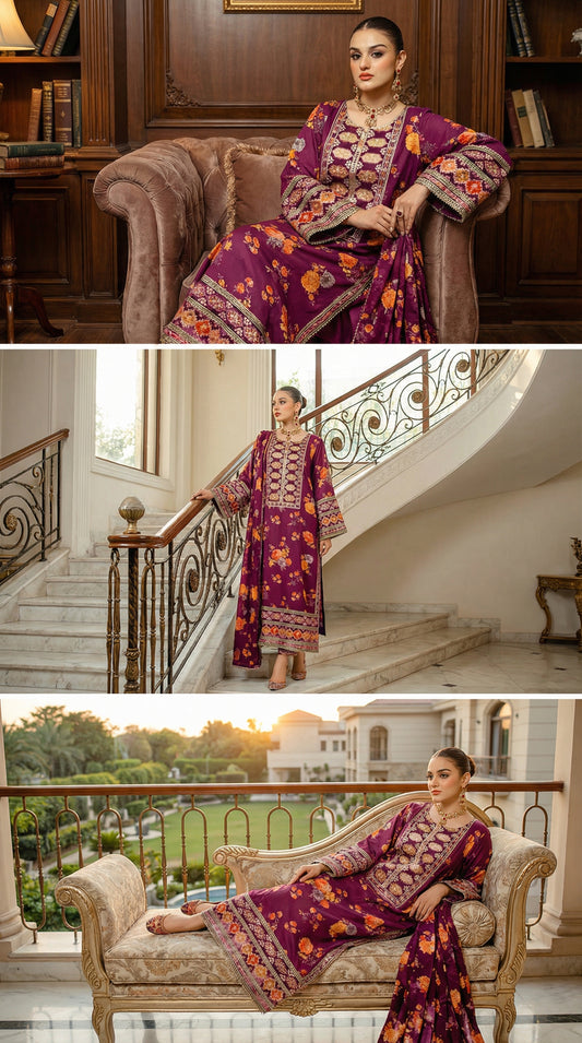 ANEELAS LUXURY SILK DRESS | 3Pec unstiched (PINK)