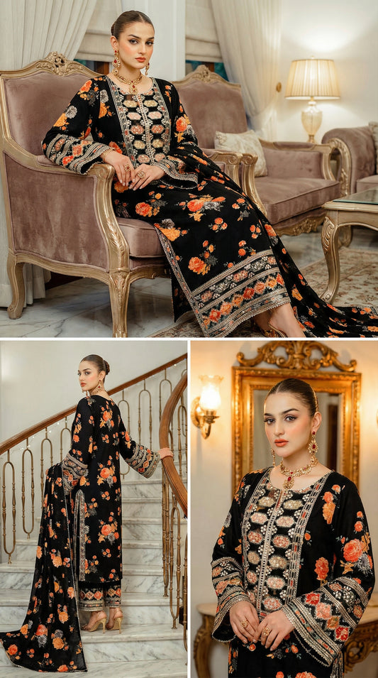 Aneela’s Luxury Silk Dress | 3pc Unstitched (Black)