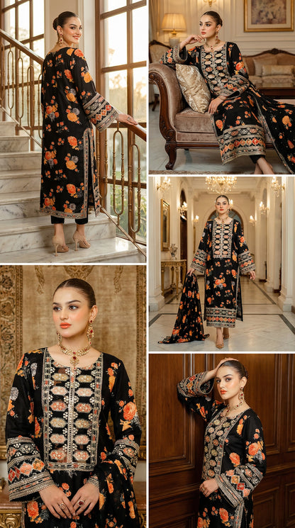 Aneela’s Luxury Silk Dress | 3pc Unstitched (Black)