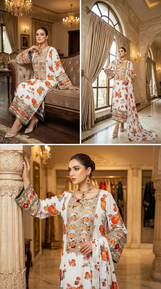 Aneela’s Luxury Silk Dress | 3pc Unstitched (White)