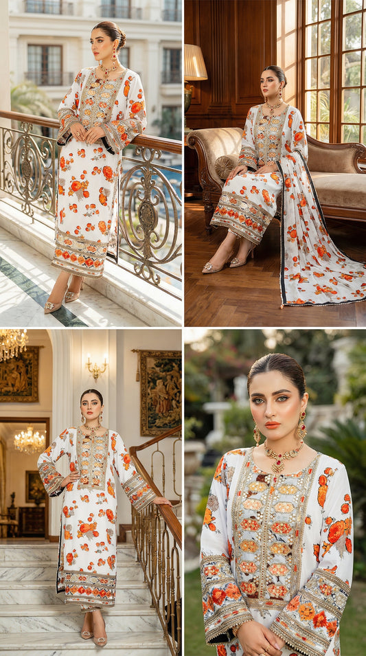 Aneela’s Luxury Silk Dress | 3pc Unstitched (White)