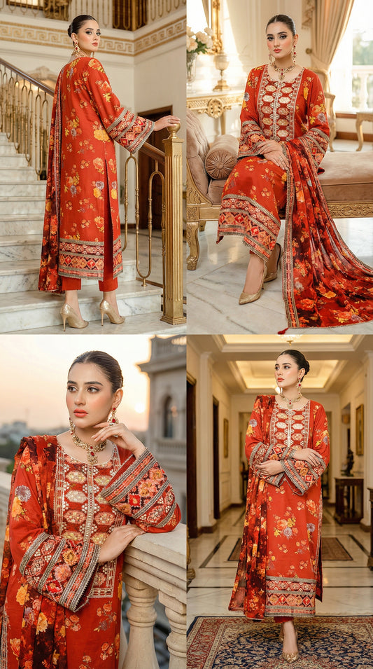 Aneela’s Luxury Silk Dress | 3pc Unstitched (Orange)