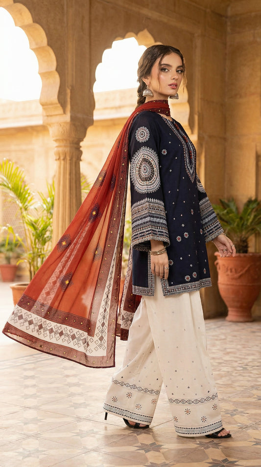 Saphire | Chikenkari Embroided Dress | 3pec Unstiched