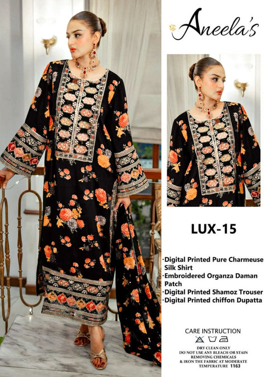 Aneela’s Luxury Silk Dress | 3pc Unstitched (Black)
