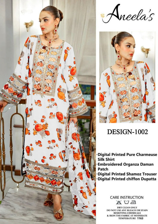 Aneela’s Luxury Silk Dress | 3pc Unstitched (White)