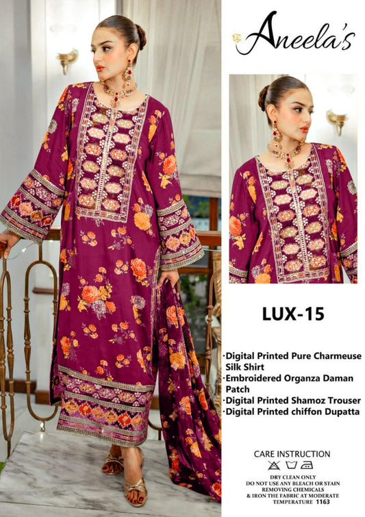 ANEELAS LUXURY SILK DRESS | 3Pec unstiched (PINK)