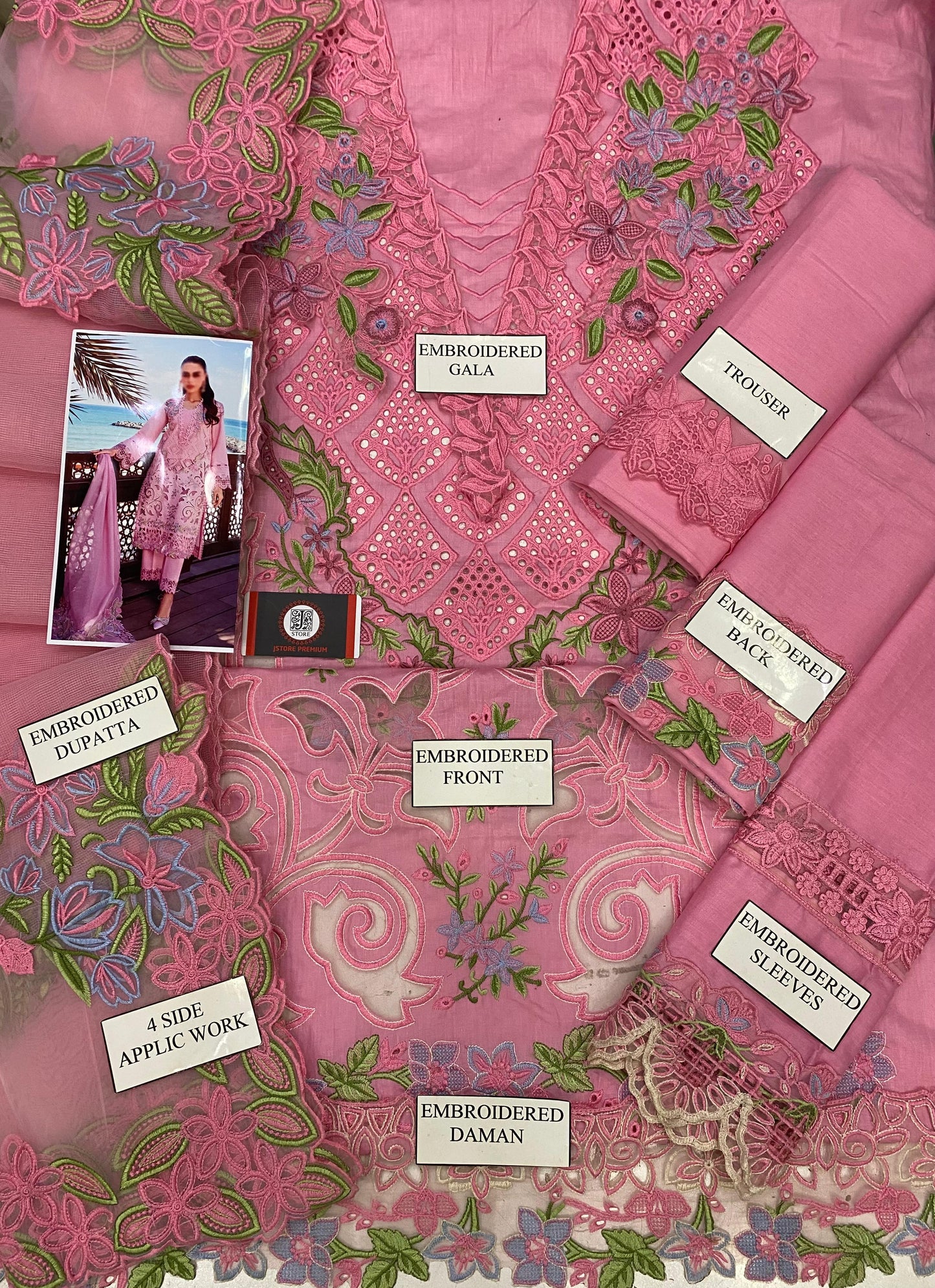 RANG RASIYA PINK CHIKENKARI 3PIECE UNSTICHED