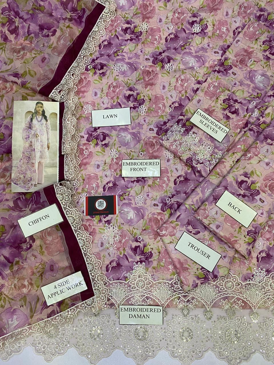 MOTIFZ MULTI FLORAL| LAWN  WITH CHIFFON DUPATTA  |3PC UNSTICHED