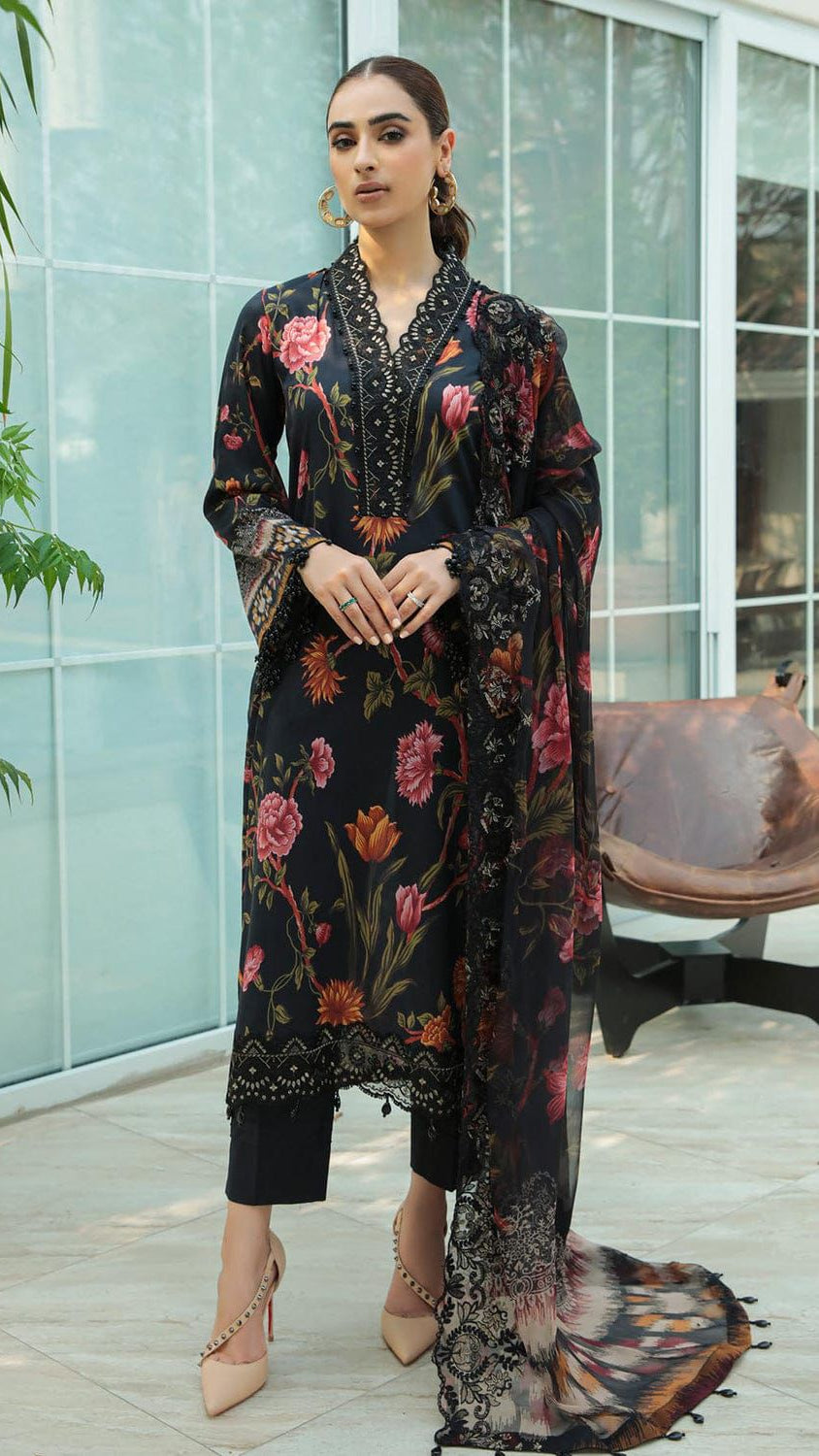 NUREH BLACK ROYAL | LAWN  WITH CHIFFON DUPATTA  |3PC UNSTICHED